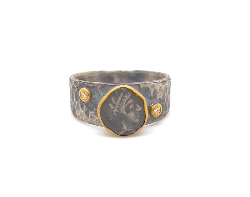 24K Gold and Silver Handmade Hammered Ring Featuring Athena with Diamonds