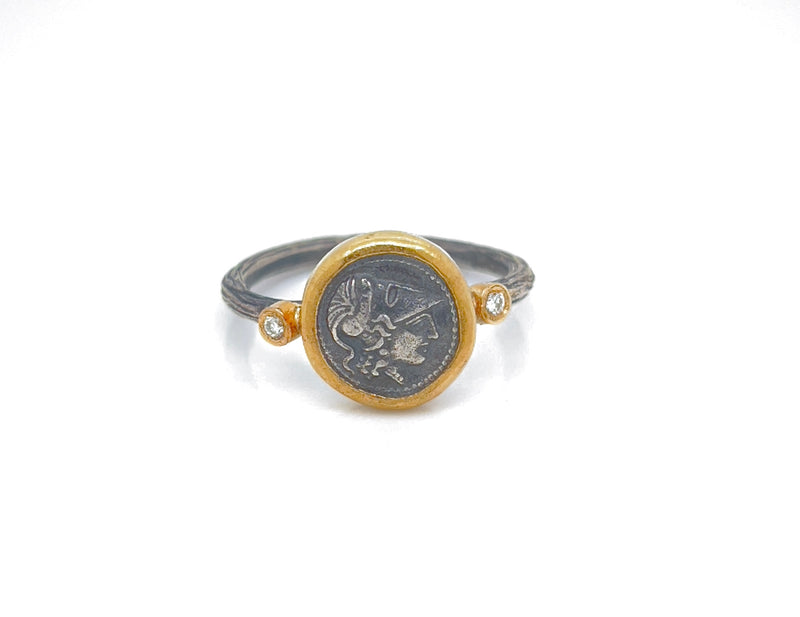 24k Gold and Silver Handmade Ring Featuring Athena with Diamonds