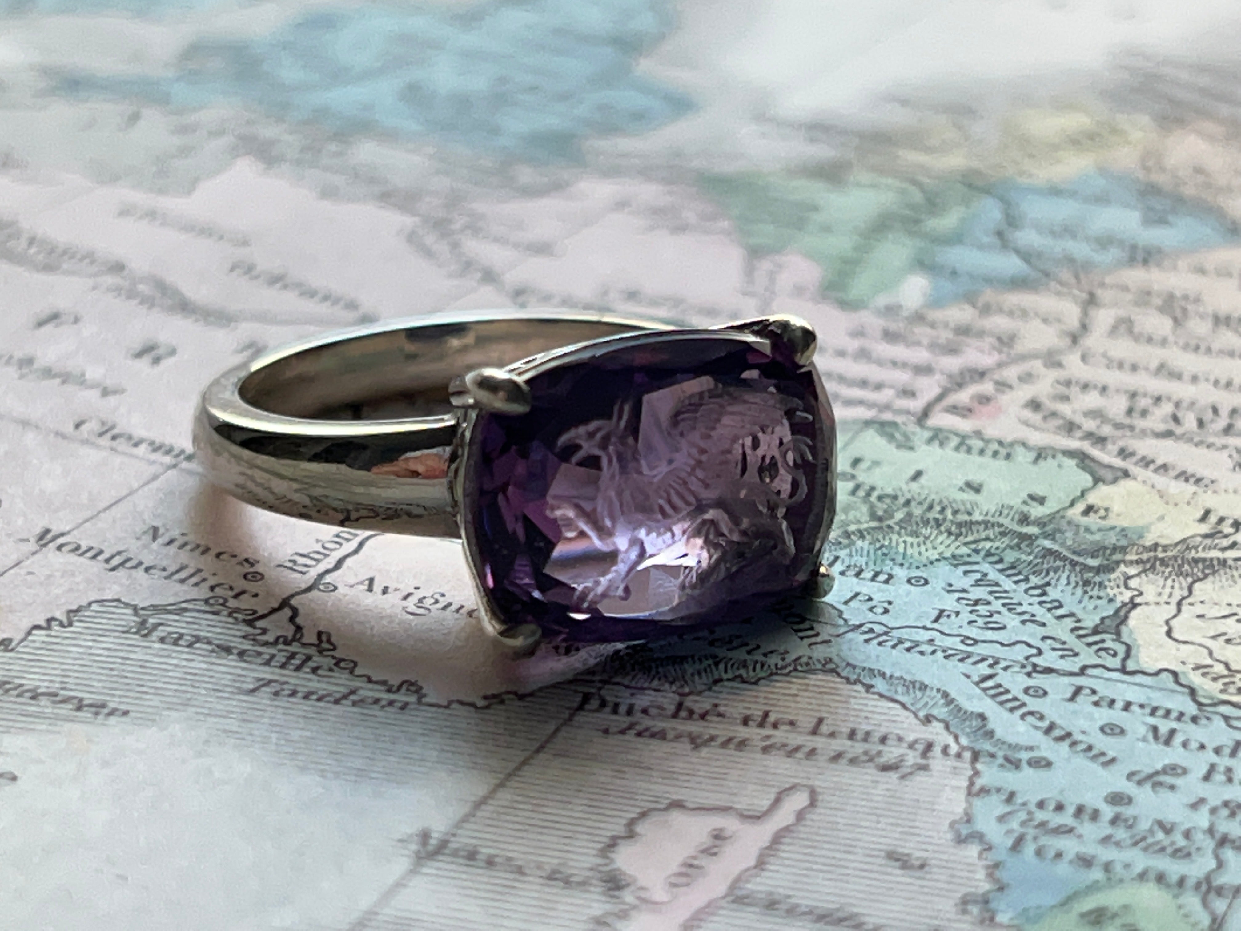 Hand Carved Amethyst Intaglio Ring Depicting Griffin