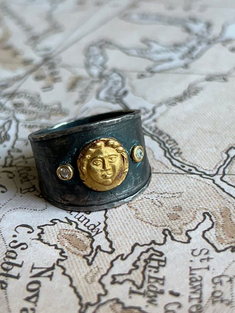 24k Gold and Silver Ring Depicting Helios God of the Sun With Diamonds