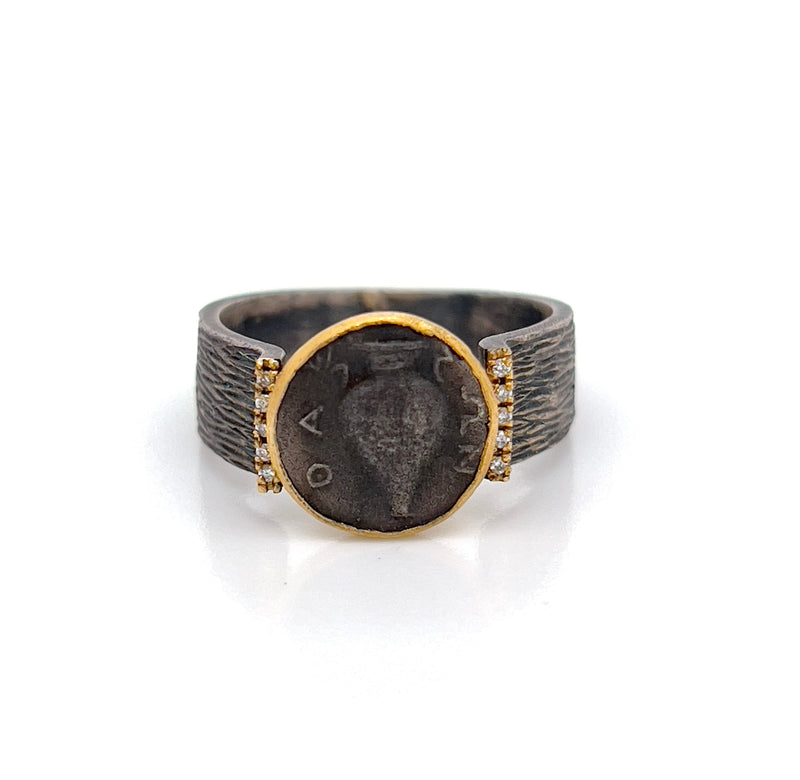 24k Gold and Silver Handmade Ring Featuring a Roman Amphora With Diamonds