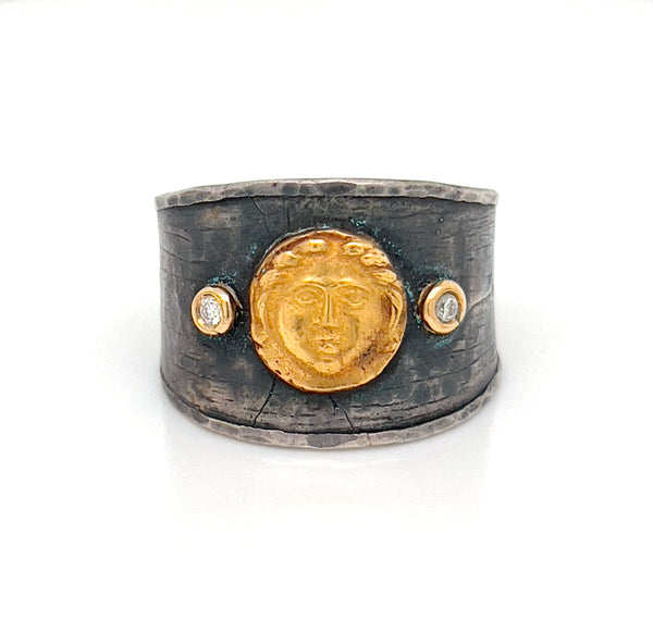 24k Gold and Silver Ring Depicting Helios God of the Sun With Diamonds