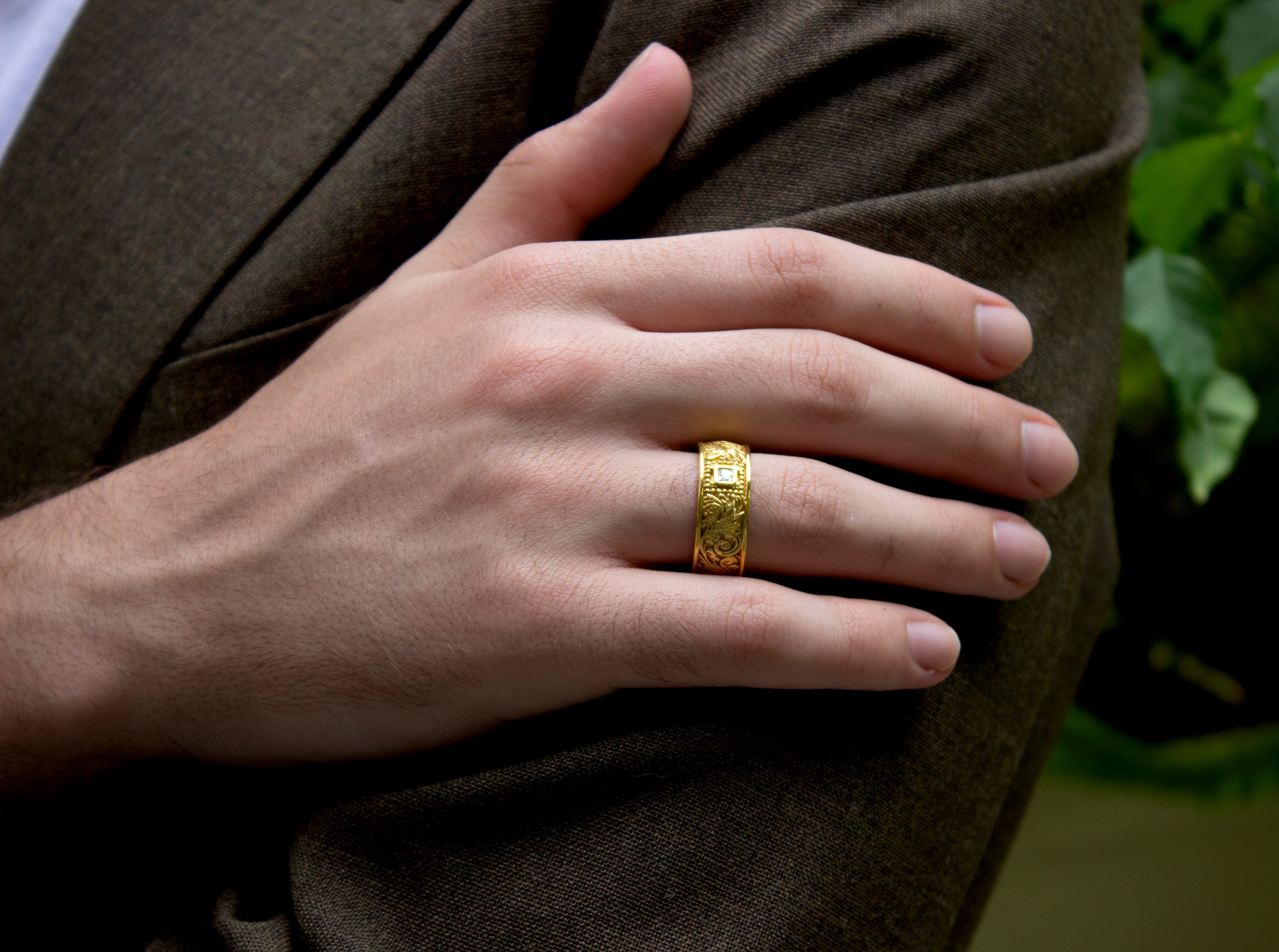 ring, ring on model, ring on hand, gold ring, solid gold ring, wedding band, yellow gold ring, victorian ring, square shaped diamond ring, diamond wedding band, mens ring, women's wedding band