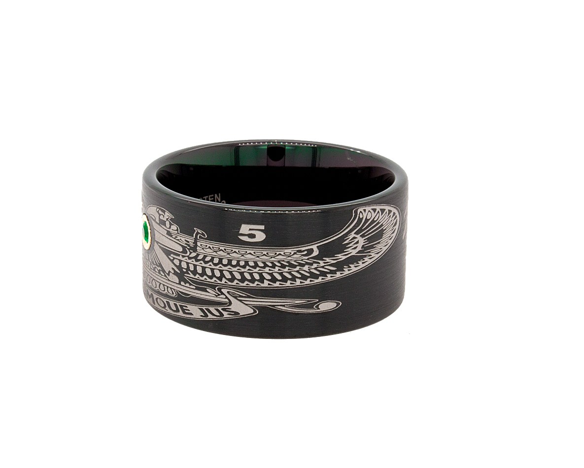 ring, ring on white background, black tungsten, black plated tungsten ring, custom ring, engraved ring, emerald ring, pipe cut ring, ring with emerald, gemstone wedding band, masonic ring, ring with masonic symbols, mason ring