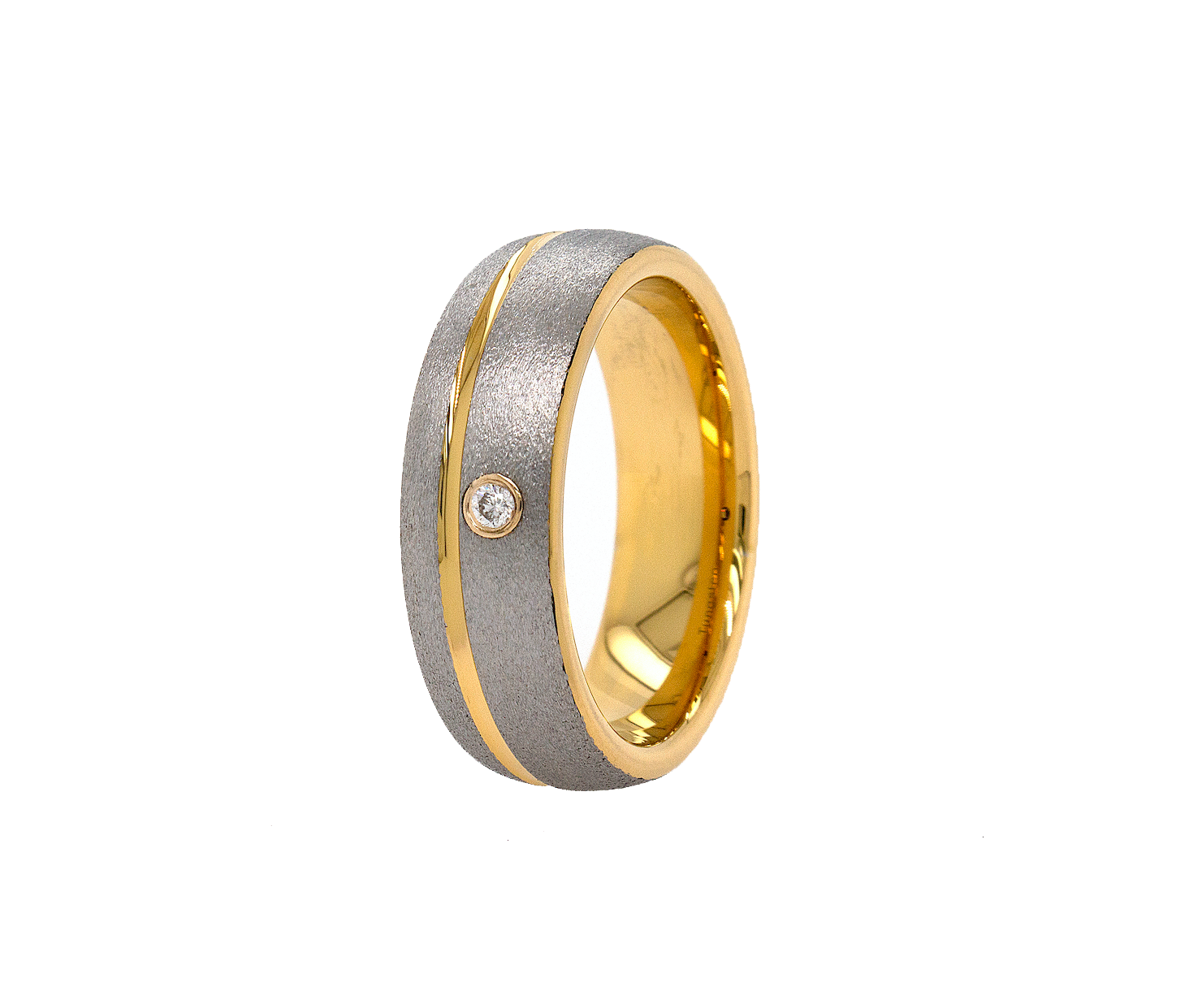 ring, ring on white background, wedding band, mens wedding band, women's wedding band, matte ring, matte wedding band, yellow gold ring, yellow gold plated ring, diamond ring, round shaped diamond, diamond wedding band