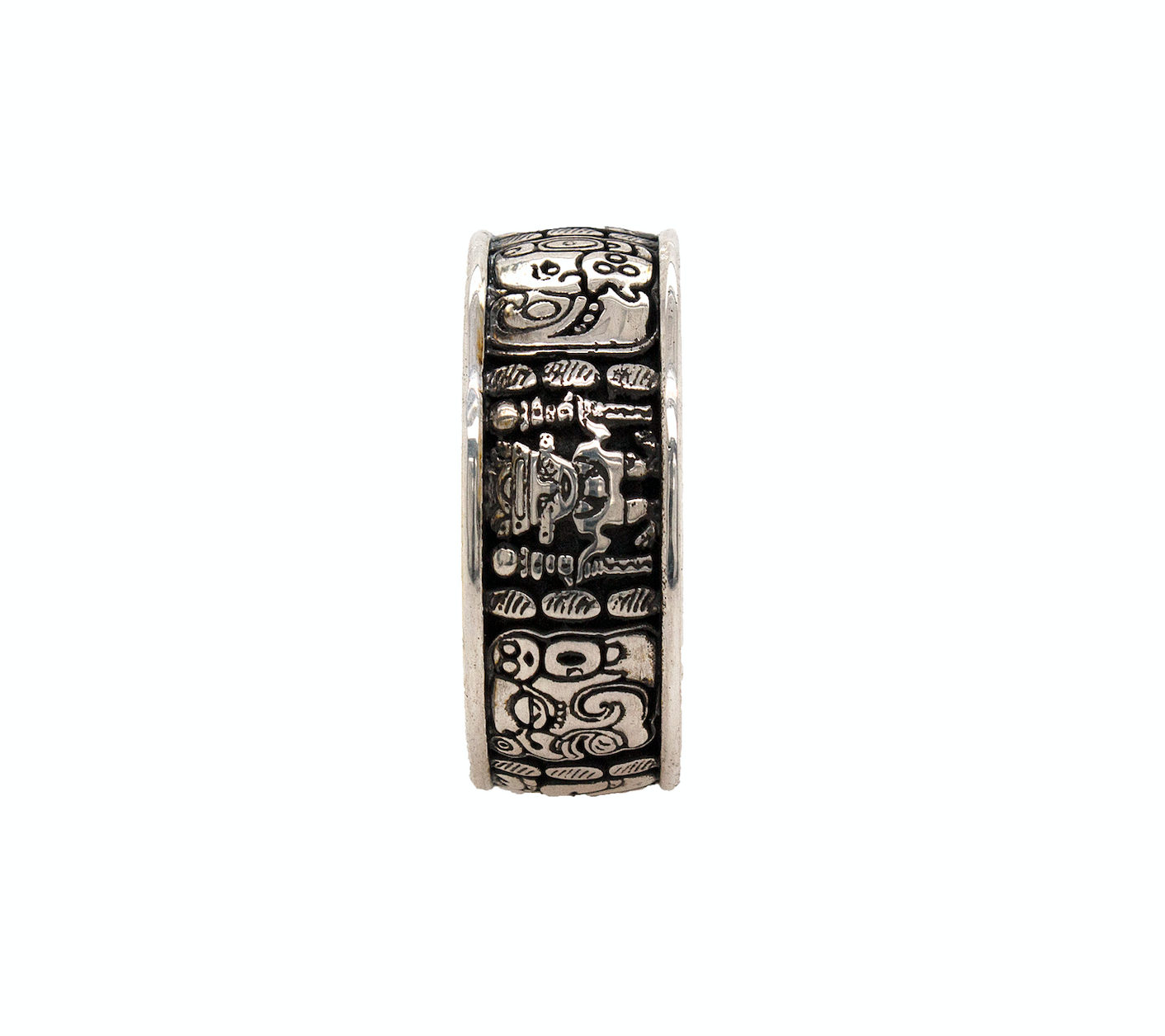 ring, ring on white background, silver ring, sterling silver ring, yellow gold plating, oxidized silver, mayan ring, mayan symbols, ancient symbols, silver and gold ring, mens rings, women's rings