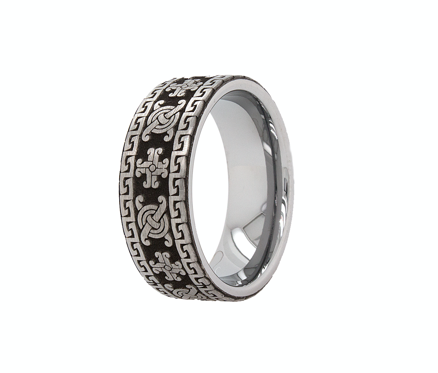 ring on white background, flat shaped ring, mayan symbols, mayan inspired ring, engraved wedding band, cross ring, symbolic ring