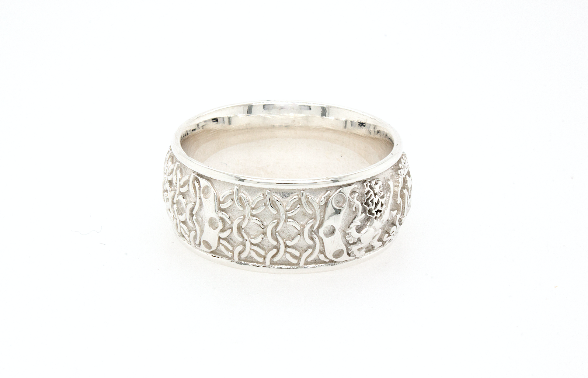 ring, ring on white background, medieval ring, medieval inspired ring, gold medieval ring, personalized ring, initial ring, lion ring, white gold ring, white gold wedding band. solid gold ring, custom ring, custom wedding band, deep engraved