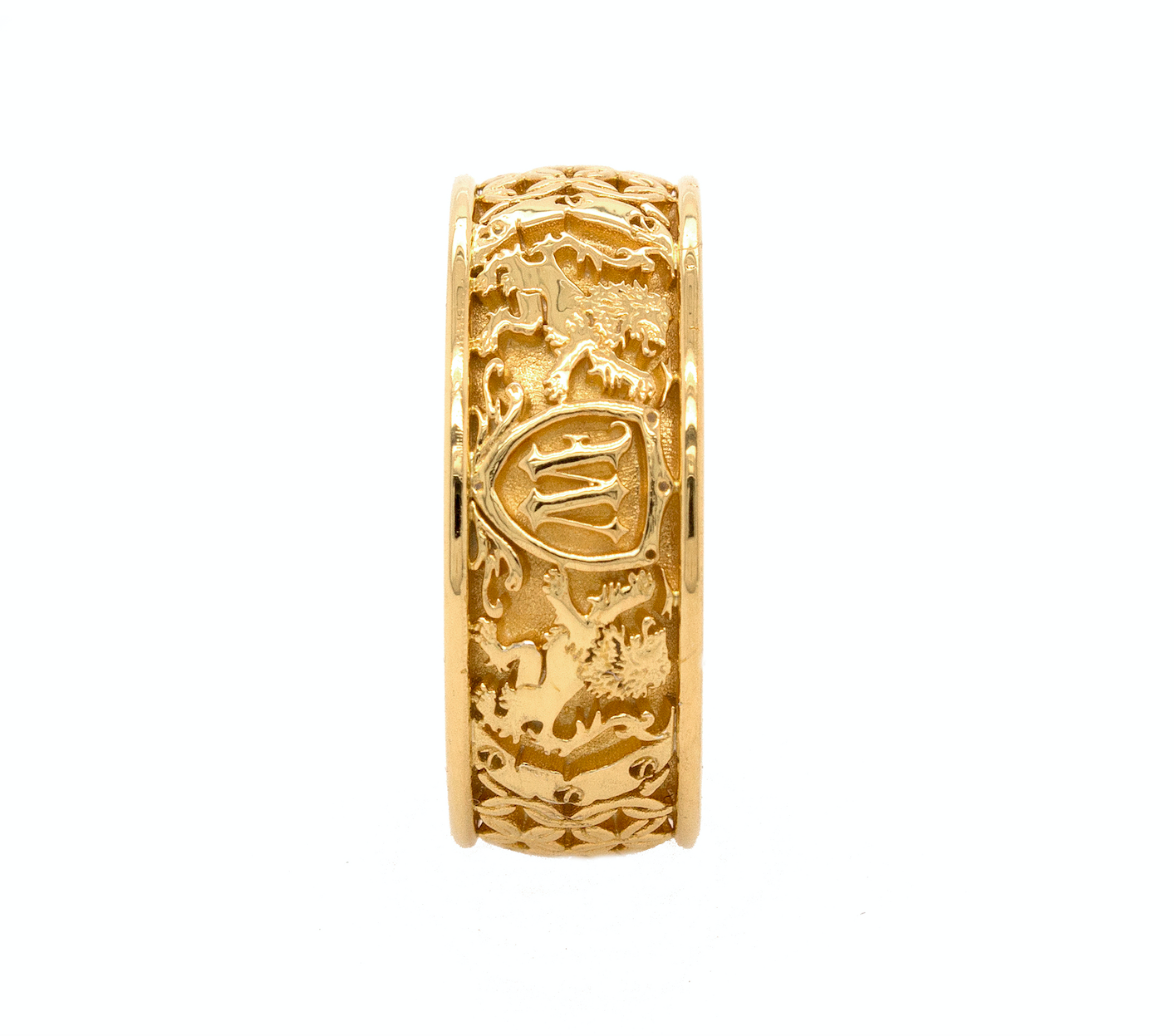 ring, ring on white background, gold ring, solid gold ring, yellow gold ring, engraved ring, ring with initial, ring with lions, medieval ring, wedding band, mens wedding band, womens wedding band, unisex ring, unique rings