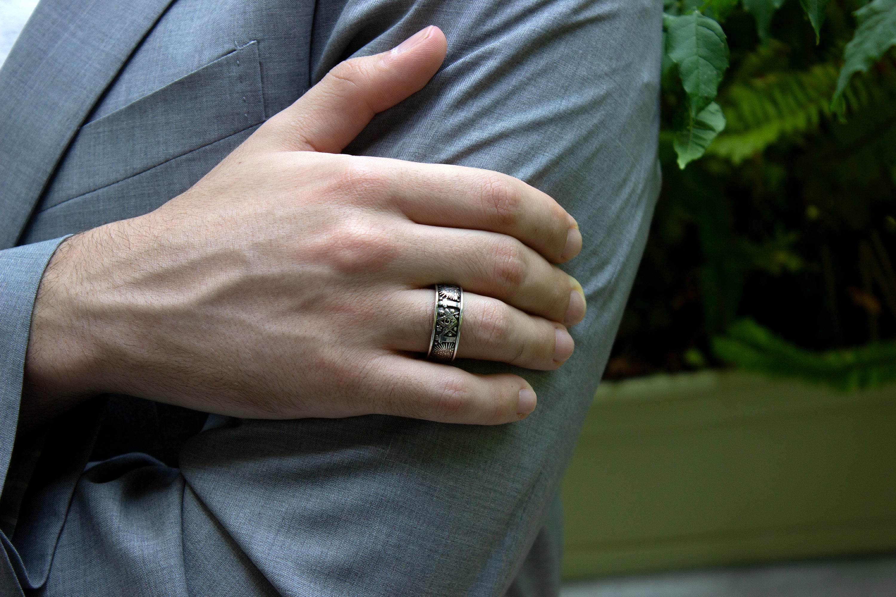 ring, ring on white background, silver ring, sterling silver ring, mens ring, women's ring, yellow gold plated ring, oxidized silver ring, masonic ring, mason symbols, mens mason ring, fashion ring