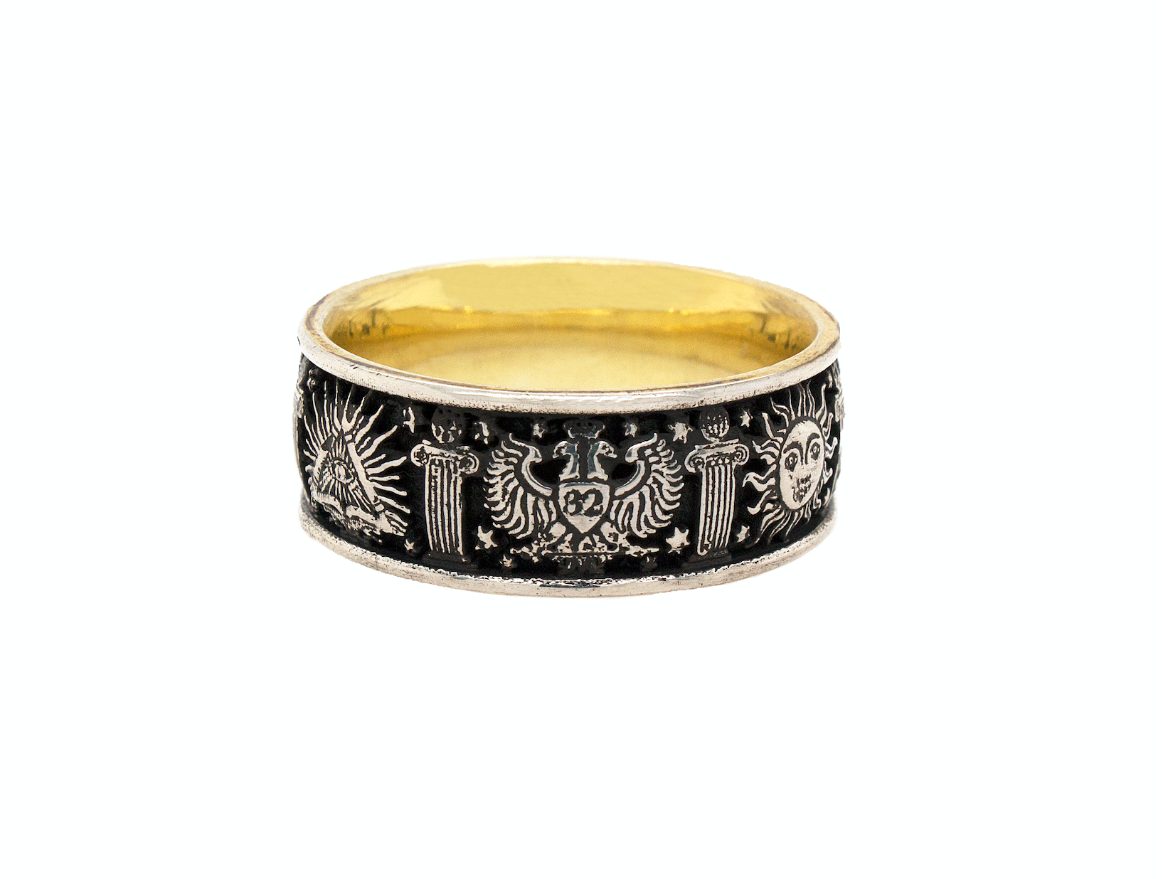 ring, ring on white background, silver ring, sterling silver ring, mens ring, women's ring, yellow gold plated ring, oxidized silver ring, masonic ring, mason symbols, mens mason ring, fashion ring