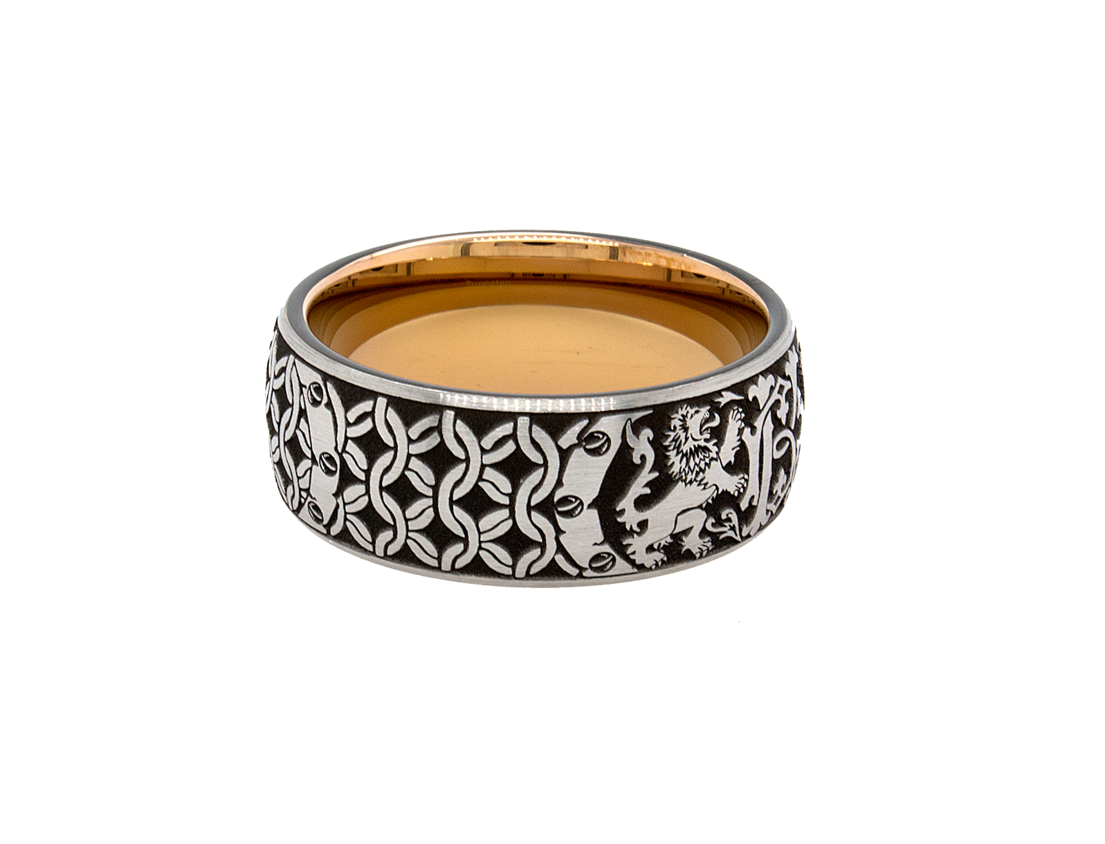ring, ring on white background, mens wedding band, tungsten ring, rose gold plated ring, medieval ring, ring with engravings, engraved wedding band, engraved tungsten ring, ring with lions, lion ring, personalized ring, custom made ring  Edit alt text
