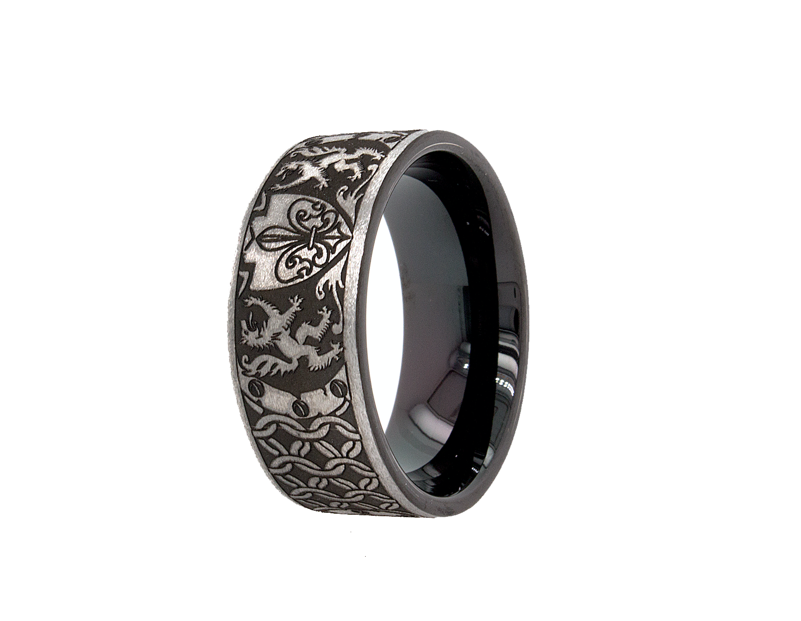 ring, ring on white background, black ring, black and silver ring, medieval ring, black ring, flor de lis, medieval engravings, wedding band, mens wedding band