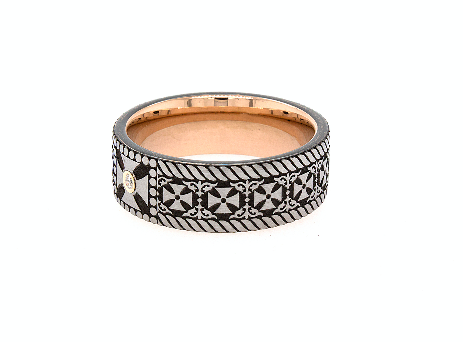 ring, ring on white background, rose gold plated ring, ring with crosses, cross ring, diamond ring, ring with diamonds, ring with crosses, flat shaped ring, mens wedding band, women's wedding band, custom wedding band, personalized wedding band, custom ring, gemstone ring