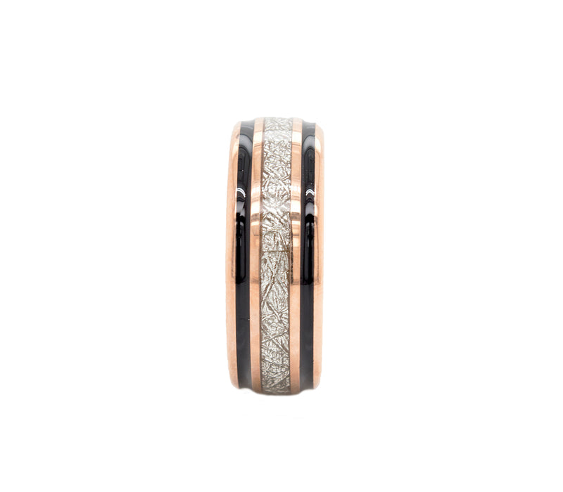 ring, ring on white background, rose gold plated ring, tungsten ring with 2 black enamel lines, ring with meteorite inlay