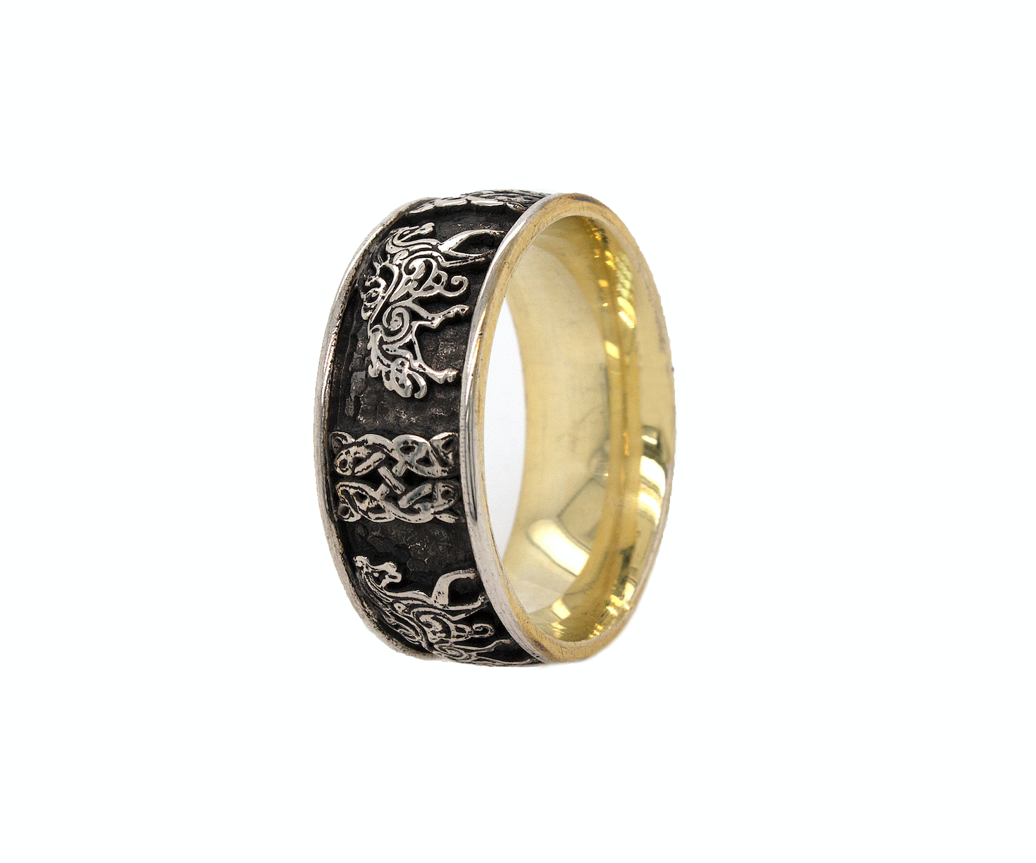 ring, ring on white background, silver ring, sterling silver ring, yellow gold plated ring, oxidized silver, yellow gold plating, celtic, celtic horse, horse ring, engraved ring, custom ring, mens ring, women's ring