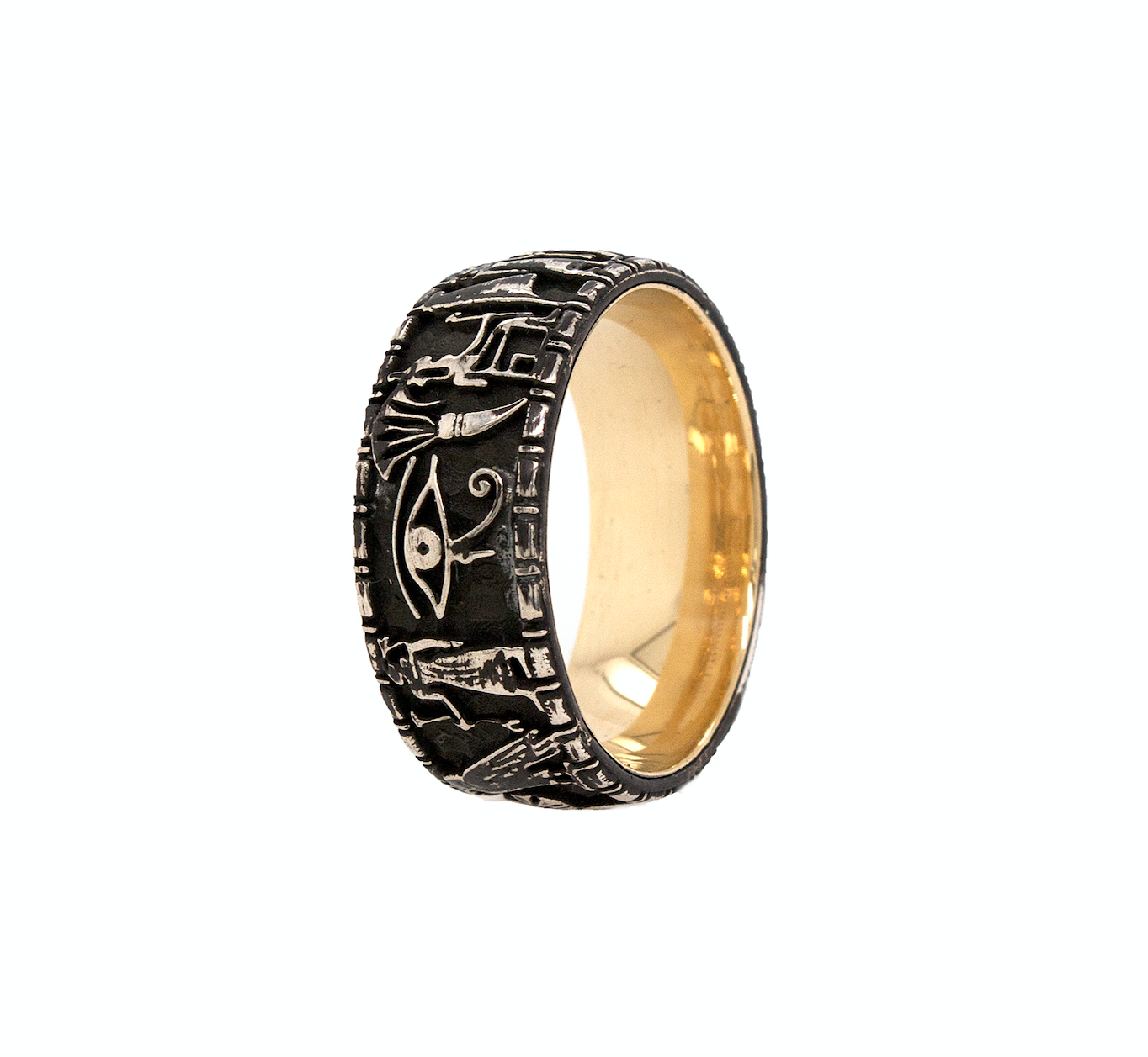 ring, ring on white background, silver ring, sterling silver ring, fashion jewelry, engraved ring, oxidized silver ring, yellow gold plated ring, ancient Egyptian ring, Egyptian symbols, ring for him, ring for her, historical ring