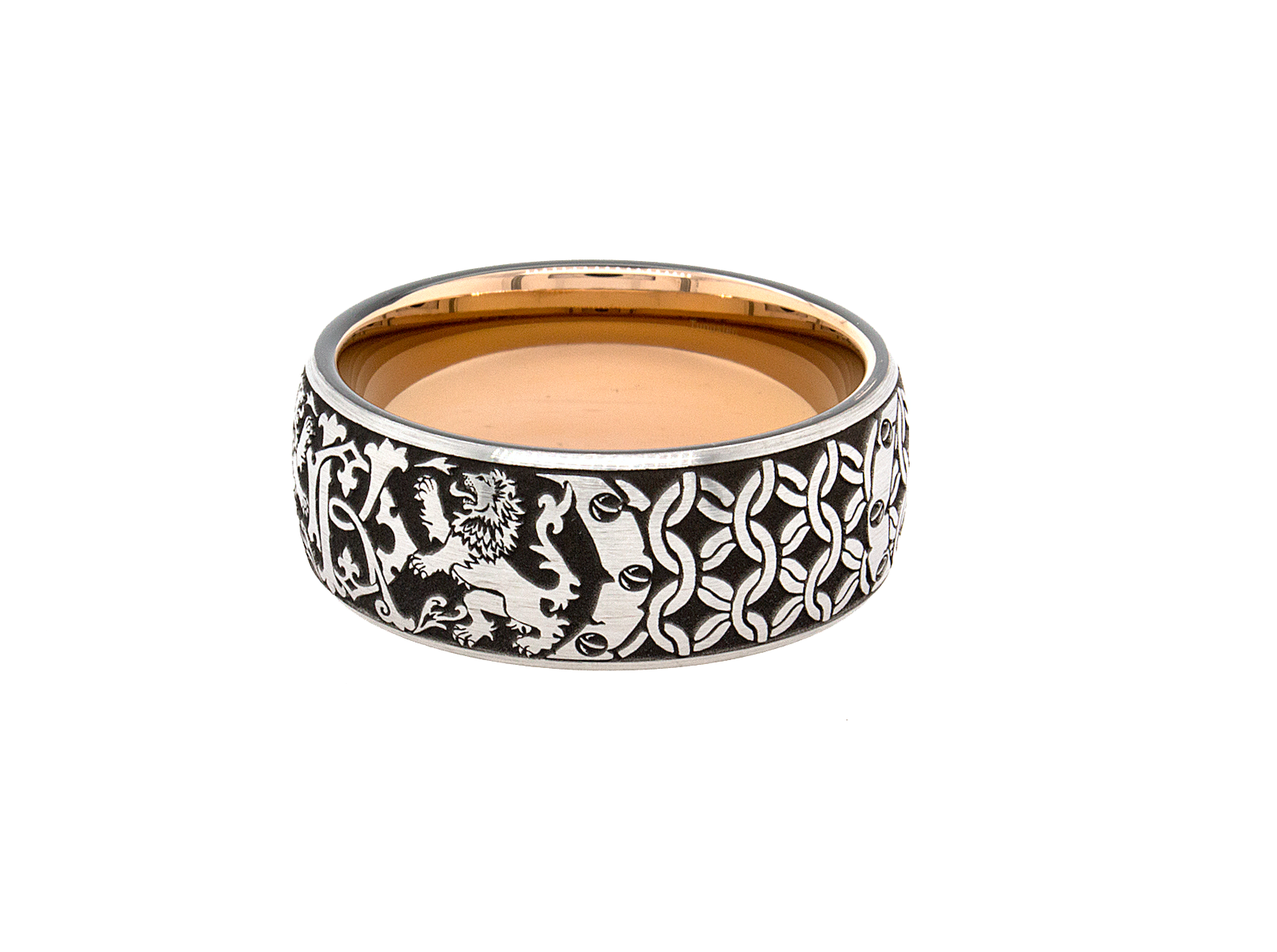 ring, ring on white background, mens wedding band, tungsten ring, rose gold plated ring, medieval ring, ring with engravings, engraved wedding band, engraved tungsten ring, ring with lions, lion ring, personalized ring, custom made ring  Edit alt text