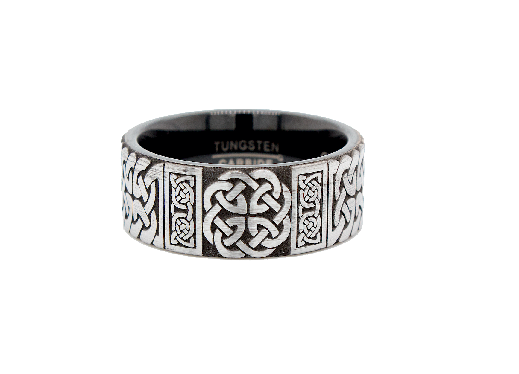 ring, ring with white backgrounds, tungsten wedding band, black plated tungsten, celtic knot engraving, celtic ring, celtic pattern, engraved ring, pipe cut ring