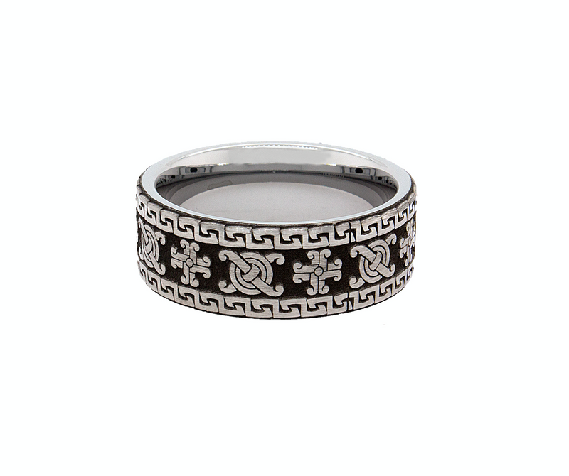 ring on white background, flat shaped ring, mayan symbols, mayan inspired ring, engraved wedding band, cross ring, symbolic ring