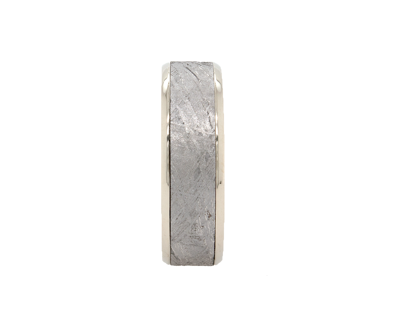 ring, ring on white background, wedding band, mens wedding band, women's wedding band, solid gold ring, white gold ring, meteorite ring, gold ring with meteorite inlay, custom wedding band, personalized ring