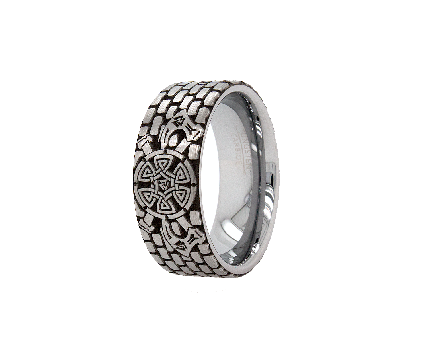 ring, tungsten ring, ring on white background, tungsten wedding band, ring with brick pattern, brick ring, viking ring, ring with viking shield, shield, viking shield, ax, sword