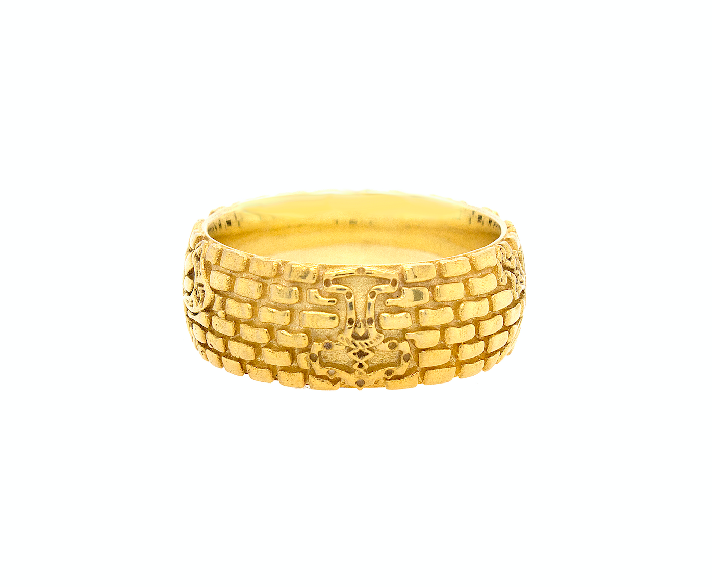 ring, ring on white background, mens ring, women's ring, gold ring, solid gold ring, brick pattern ring, viking shield, swords, axes, yellow gold ring, mens ring, women's ring, 8mm ring, dome shaped ring