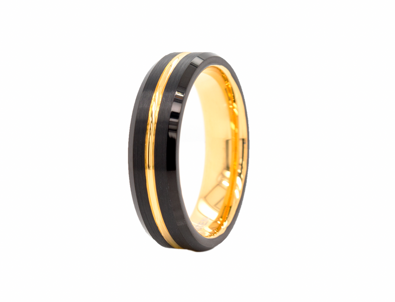 ring, ring on white background, mens wedding band, women's wedding band, black and gold ring, ring with center groove, grooved ring, tungsten ring