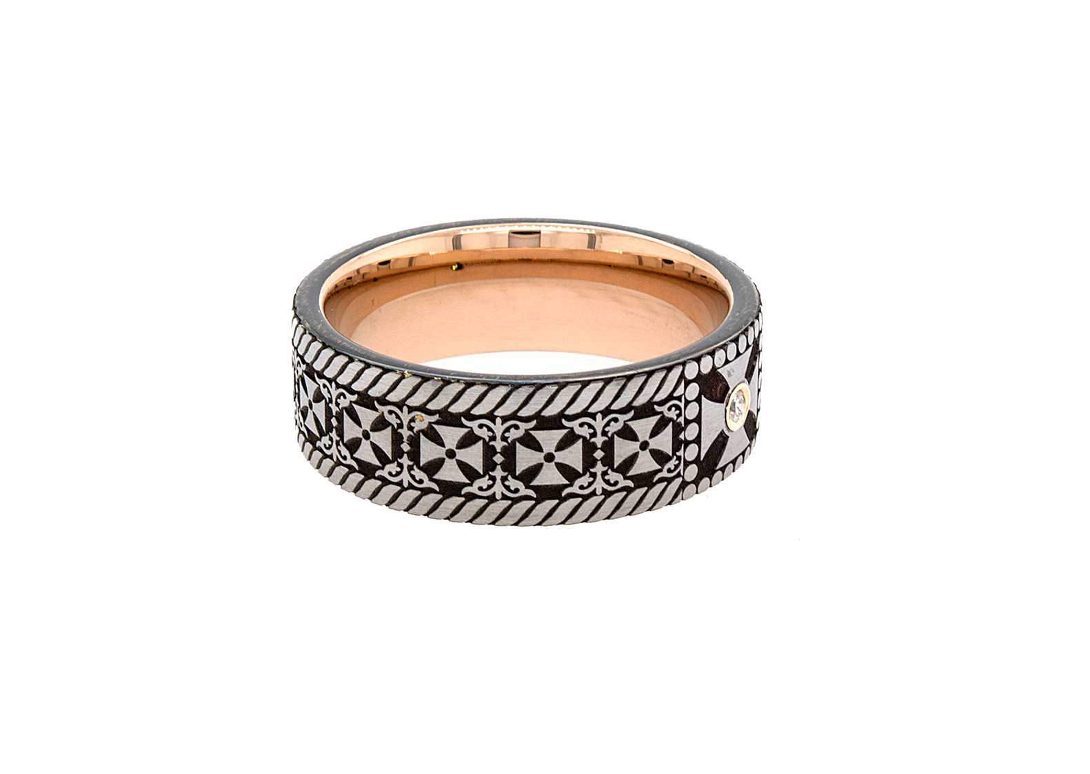 ring, ring on white background, rose gold plated ring, ring with crosses, cross ring, diamond ring, ring with diamonds, ring with crosses, flat shaped ring, mens wedding band, women's wedding band, custom wedding band, personalized wedding band, custom ring, gemstone ring