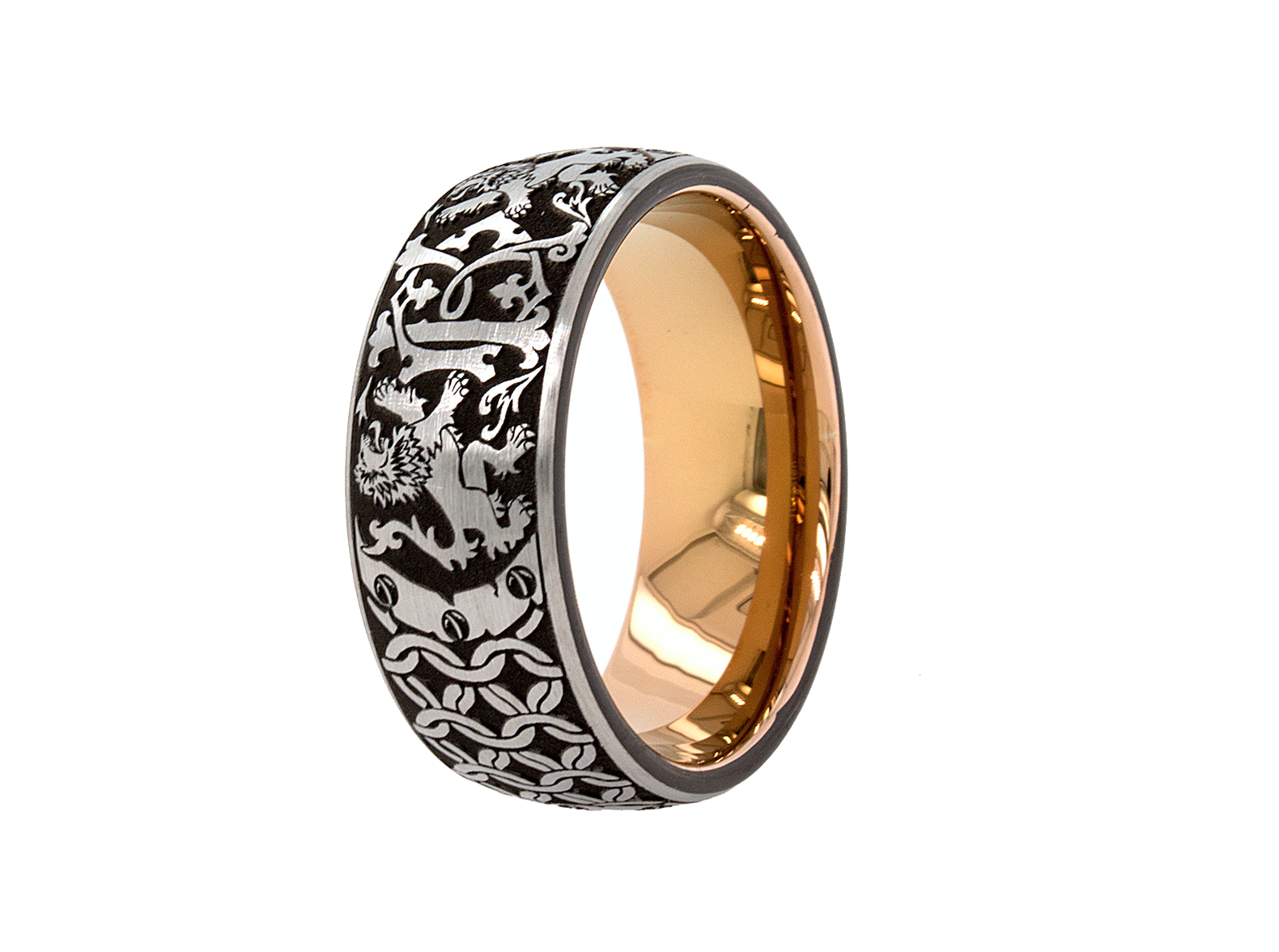 ring, ring on white background, mens wedding band, tungsten ring, rose gold plated ring, medieval ring, ring with engravings, engraved wedding band, engraved tungsten ring, ring with lions, lion ring, personalized ring, custom made ring  Edit alt text