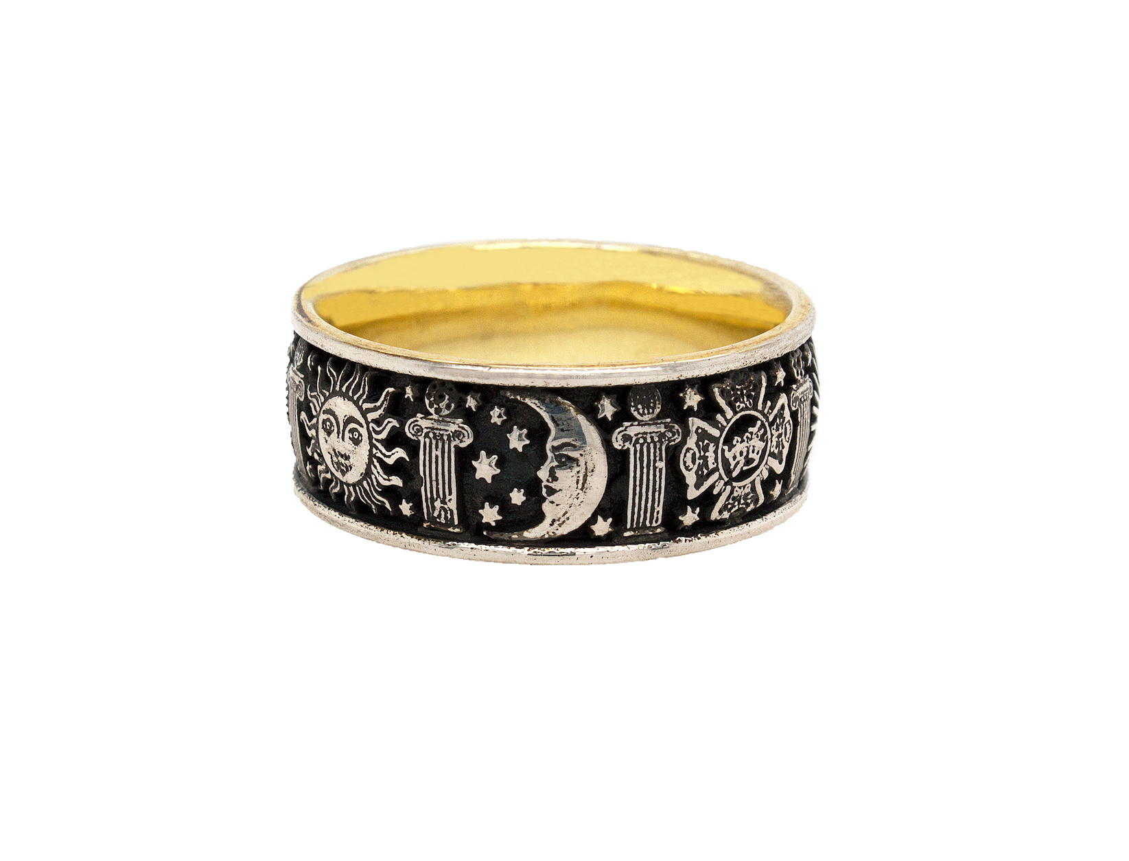 ring, ring on white background, silver ring, sterling silver ring, mens ring, women's ring, yellow gold plated ring, oxidized silver ring, masonic ring, mason symbols, mens mason ring, fashion ring