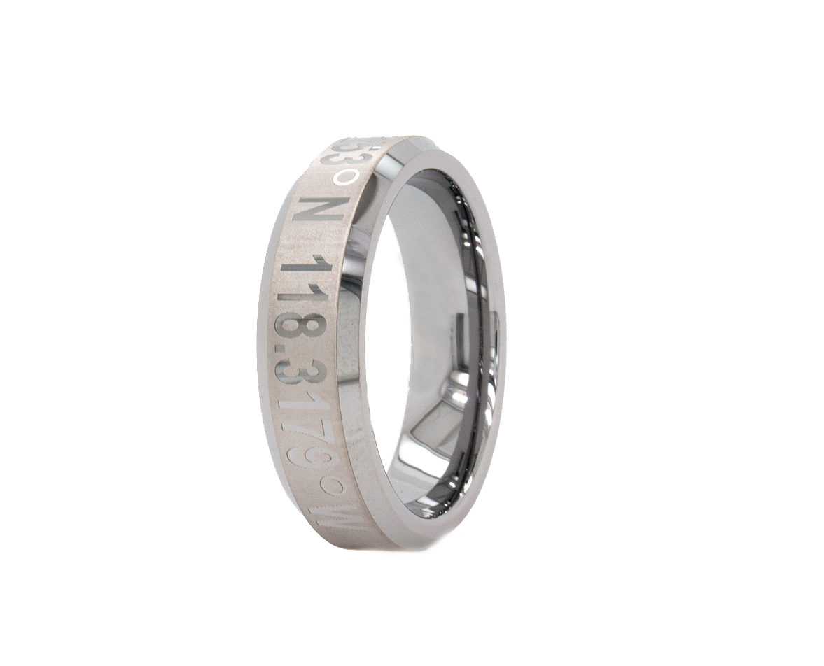 ring, ring on white background, ring with coordinates, silver color ring, coordinate ring, mens wedding band, women's wedding band, flat shaped ring, tungsten ring, engraved ring, custom ring