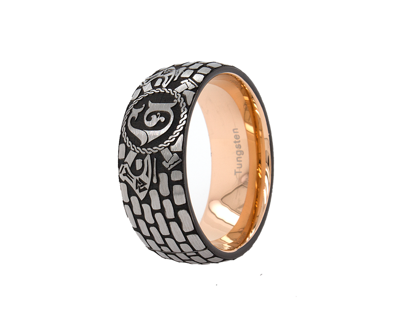 ring, ring on white background, ring with rose gold interior, brick pattern ring, ring with sword engraving, ring with initials, ring with b initial, ring with g initial, brick pattern, tungsten wedding band, mens wedding band, 9mm ring, 9mm tungsten ring, women's wedding band, unisex ring, tungsten wedding band, custom ring, personalized wedding band