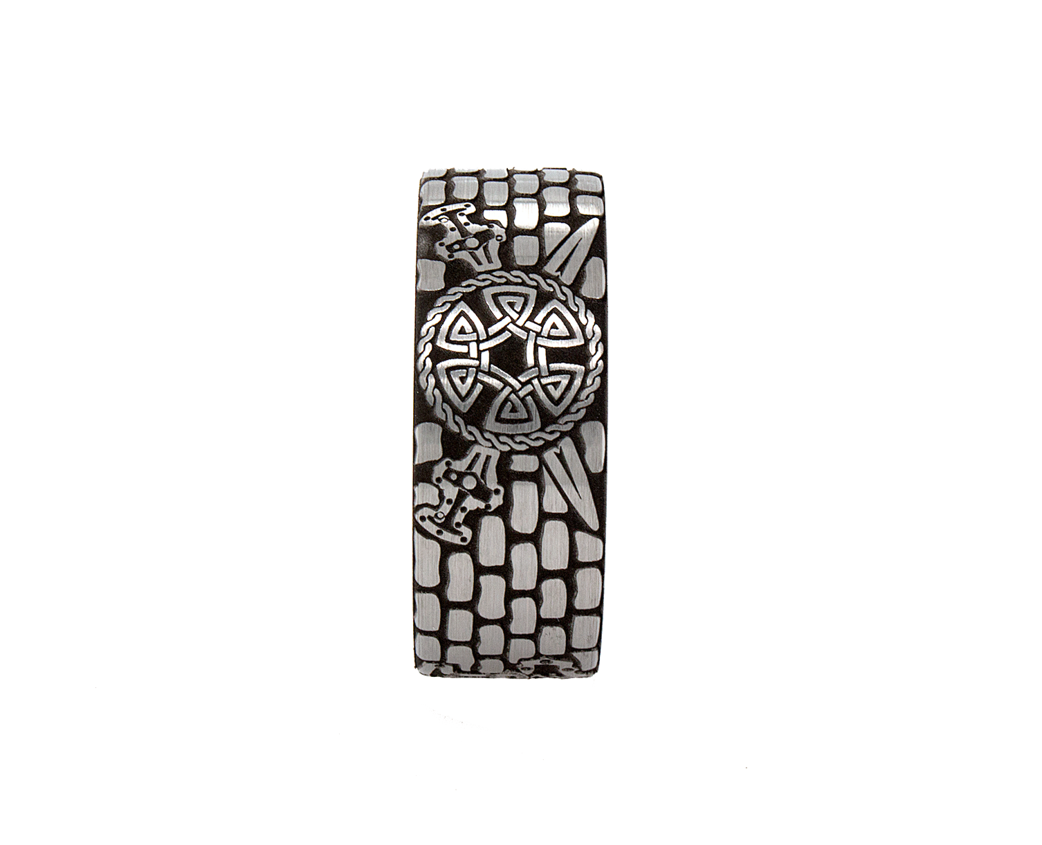 ring, tungsten ring, ring on white background, tungsten wedding band, ring with brick pattern, brick ring, viking ring, ring with viking shield, shield, viking shield, ax, sword