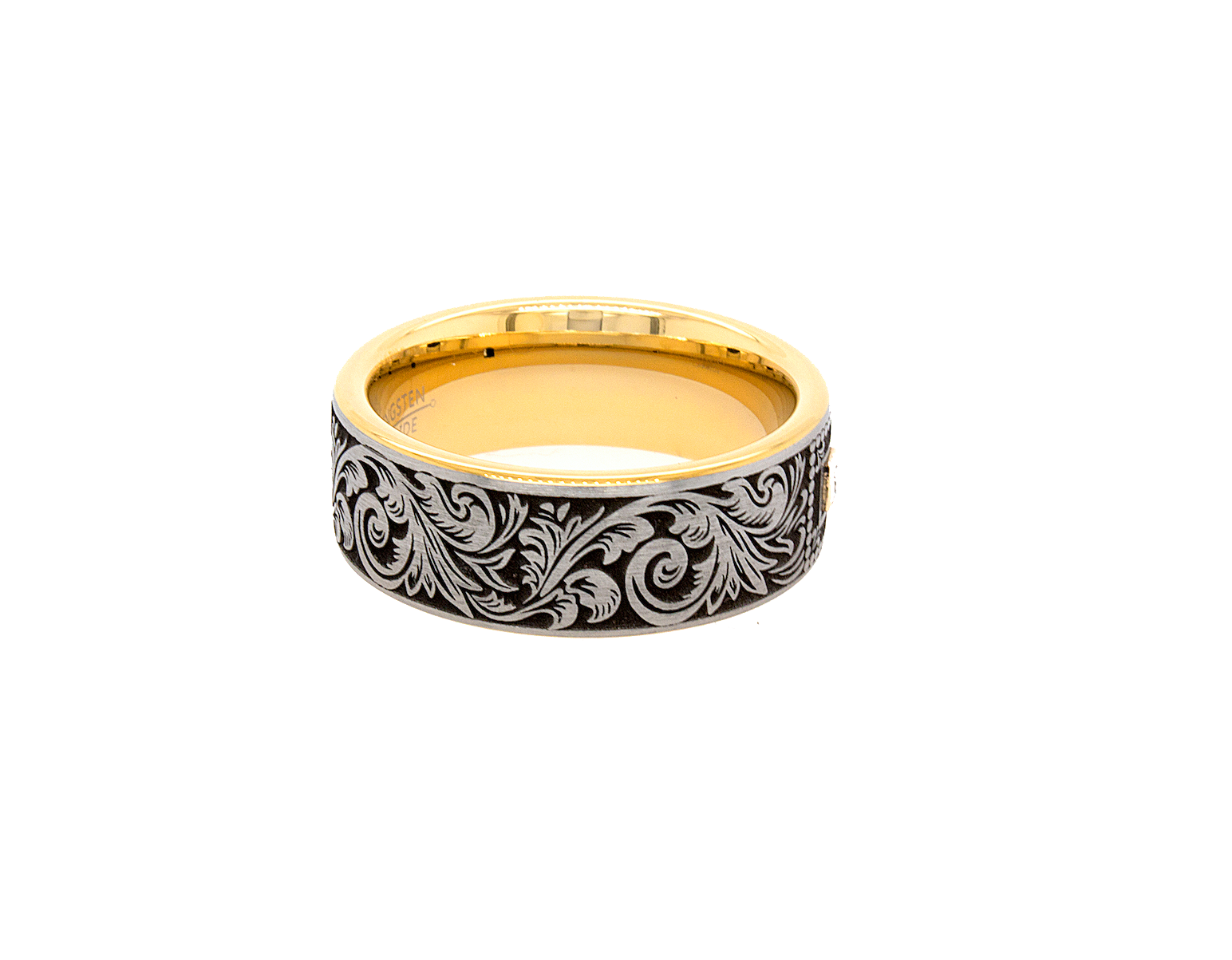ring, ring with white background, tungsten ring, wedding band, ring with yellow gold plating, yellow gold ring, victorian engraved ring, victorian wedding band, engraved wedding band, personalized wedding band, custom wedding band, brushed finished ring