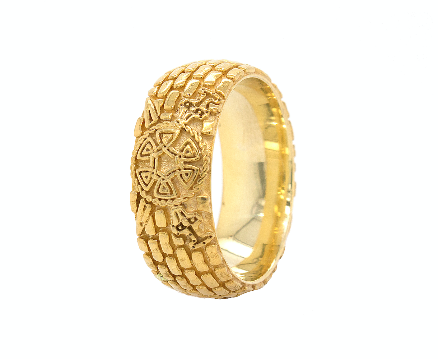 ring, ring on white background, mens ring, women's ring, gold ring, solid gold ring, brick pattern ring, viking shield, swords, axes, yellow gold ring, mens ring, women's ring, 8mm ring, dome shaped ring
