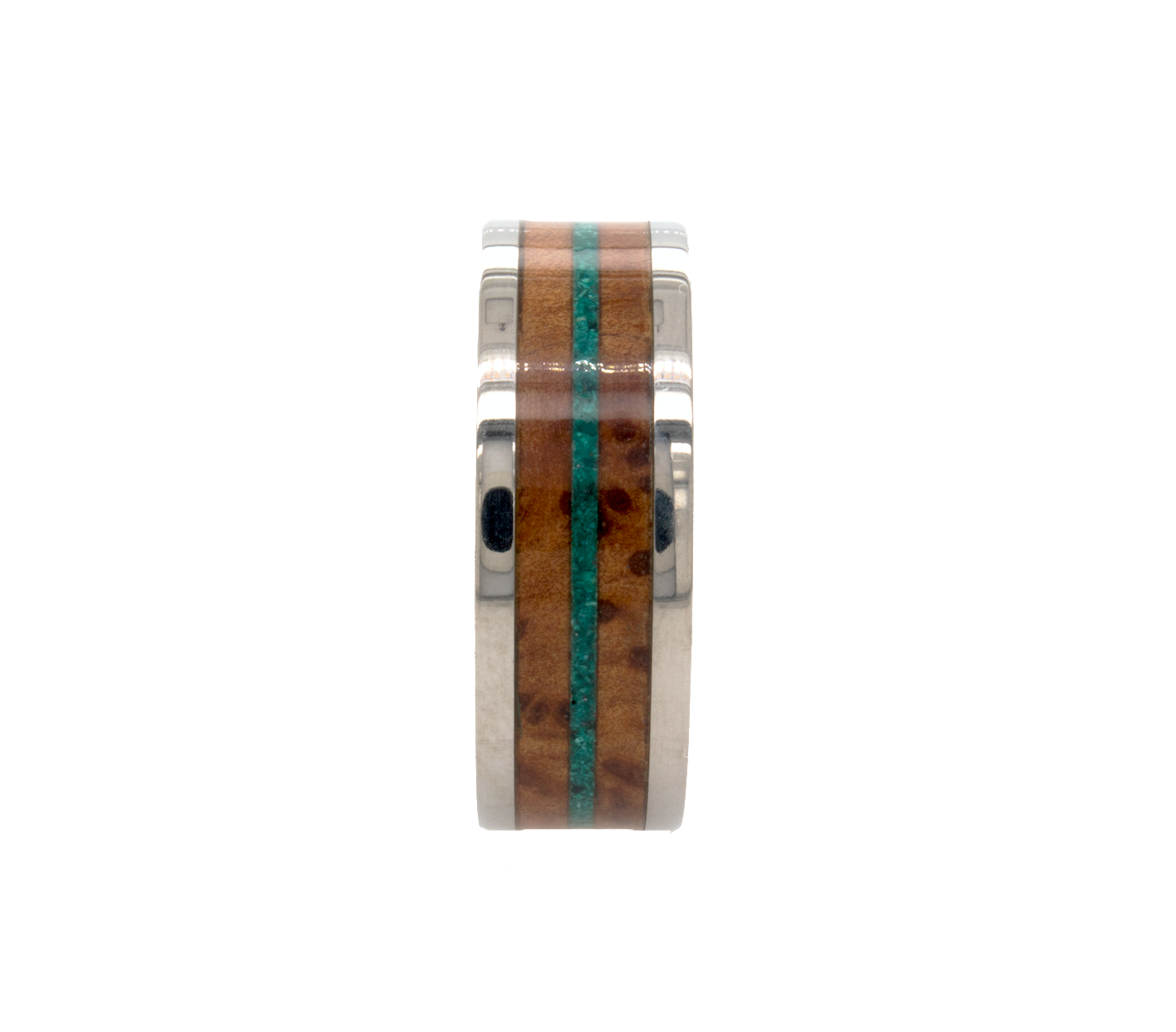 ring, ring on white background, titanium ring, titanium wedding band, wooden ring, titanium ring with wooden inlay, ring with green malachite, wooden wedding band, mens wedding band, women's wedding band, unique ring