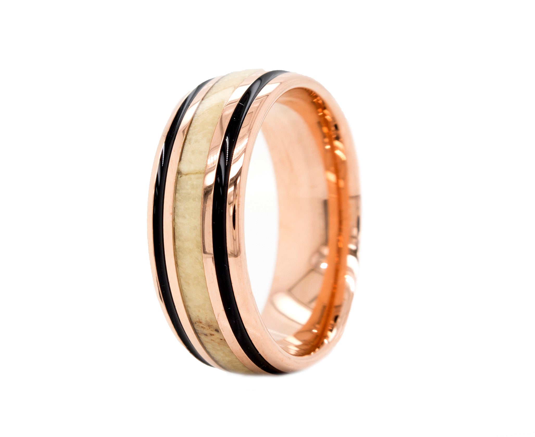 ring, ring on white background, tungsten ring, rose gold tungsten, antler, antler ring, wedding band, mens wedding band, women's wedding band  Edit alt text