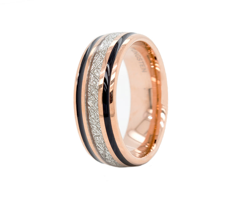 ring, ring on white background, rose gold plated ring, tungsten ring with 2 black enamel lines, ring with meteorite inlay  Edit alt text