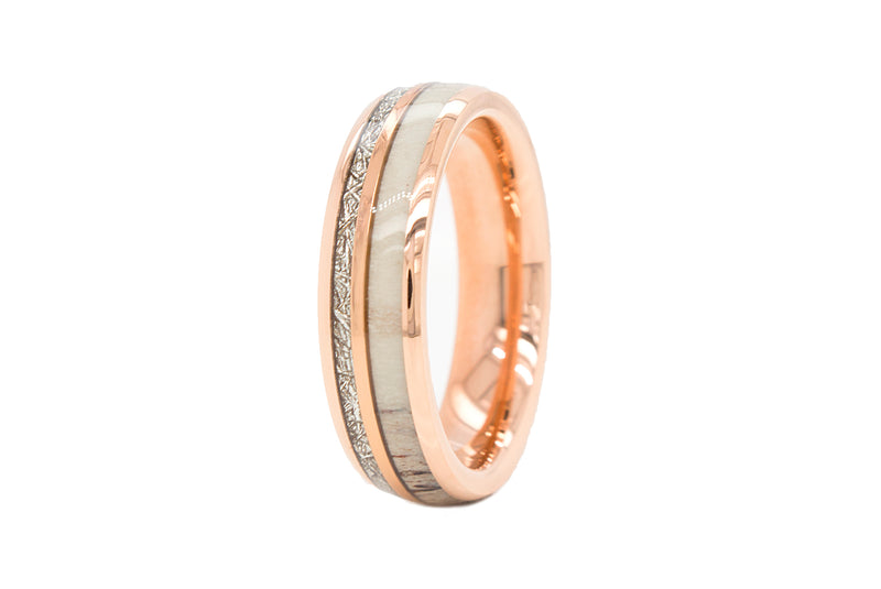 rose gold ring, meteorite ring, antler ring, tungsten ring, 6mm tungsten ring, mens wedding band, women's wedding band, unisex wedding band, white background