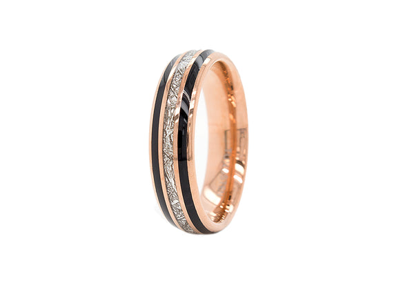 6mm Dome Shaped Rose Gold Tungsten with Meteorite Inlay and Double Black Enamel Lines