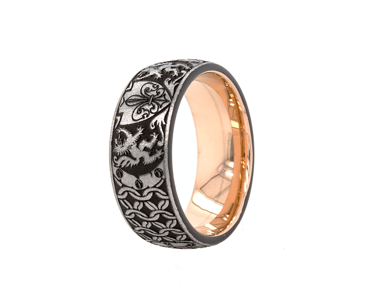 tungsten ring, wedding band, mens wedding band, women's wedding band, tungsten ring with rose gold plated interior, rose gold plated ring, fleur de lis ring, engraved ring, engraved wedding band, custom wedding band, personalized ring, mens wedding band, women's wedding band, rose gold ring, ring with shield, ring with wolves, wolf engraving  Edit alt text
