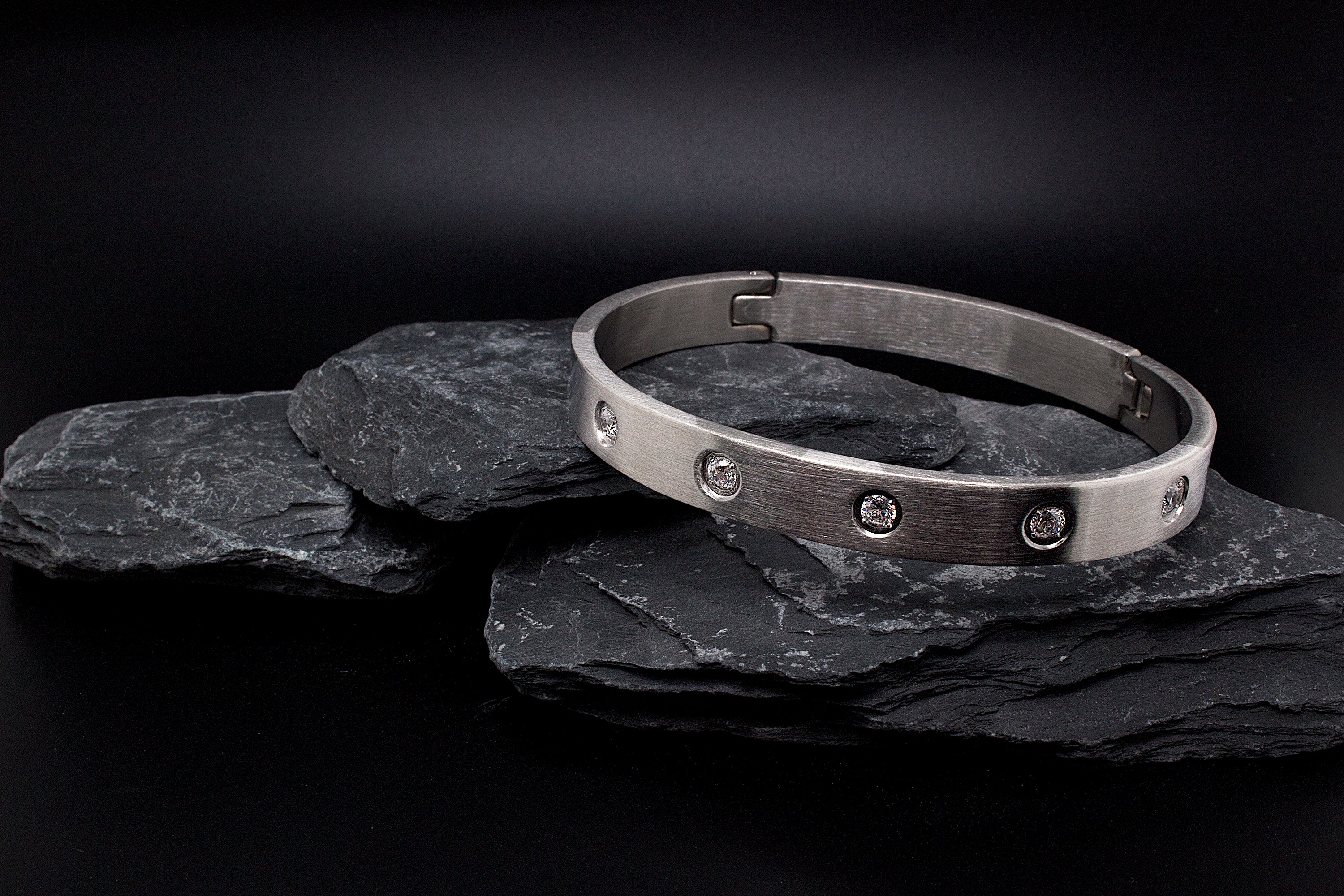bracelet, bracelet on white background, bangle bracelet, bracelet with stones, brush finished bracelet, cz bracelet, silver bangle, womens bracelet, cartier love bracelet dupe