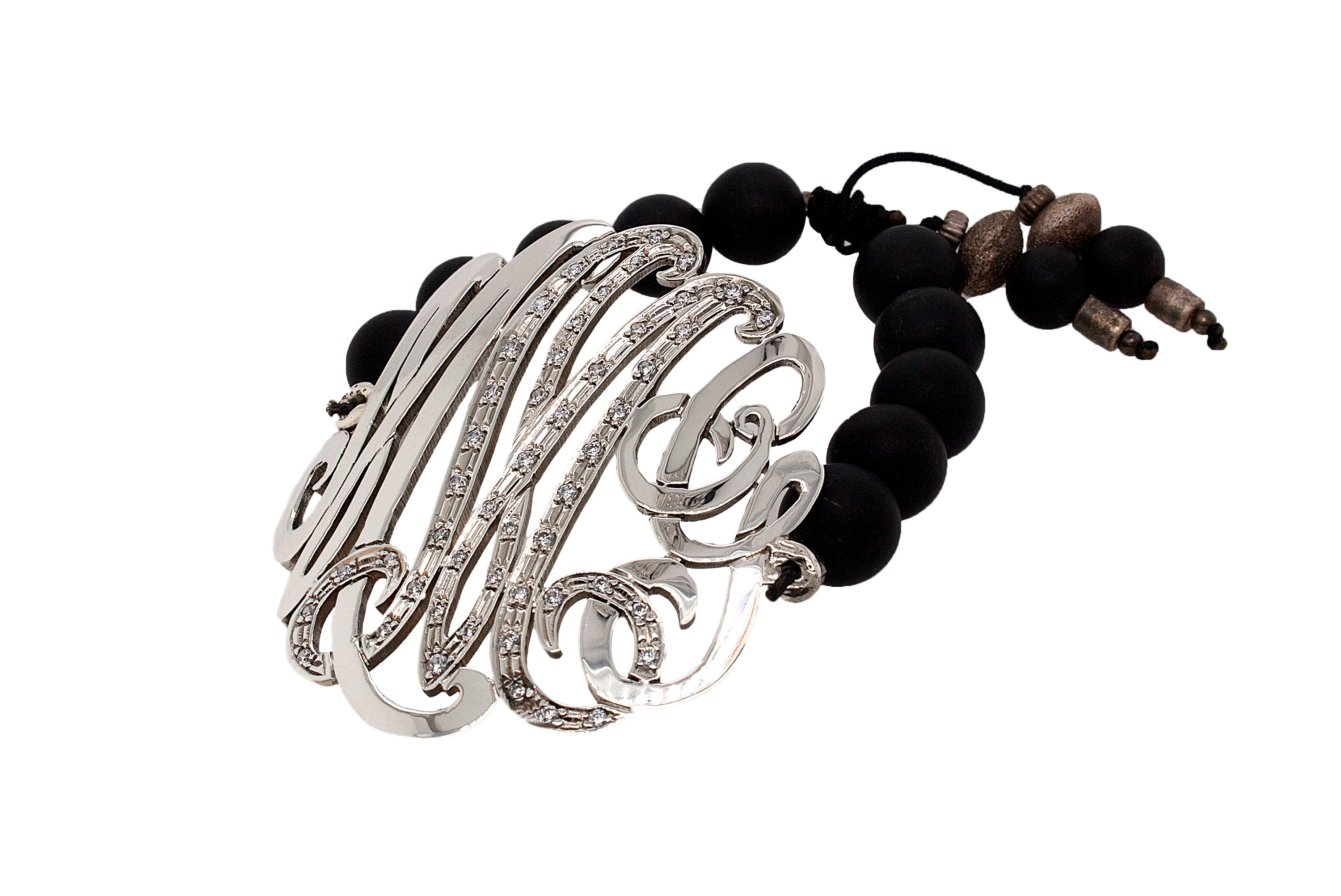 silver, silver bracelet on white background,  monogram, monogram bracelet, beaded bracelet, black beads, matte beads, adjustable bracelet, cubic zirconia bracelet, adjustable bracelet, custom made, initial, initial bracelet
