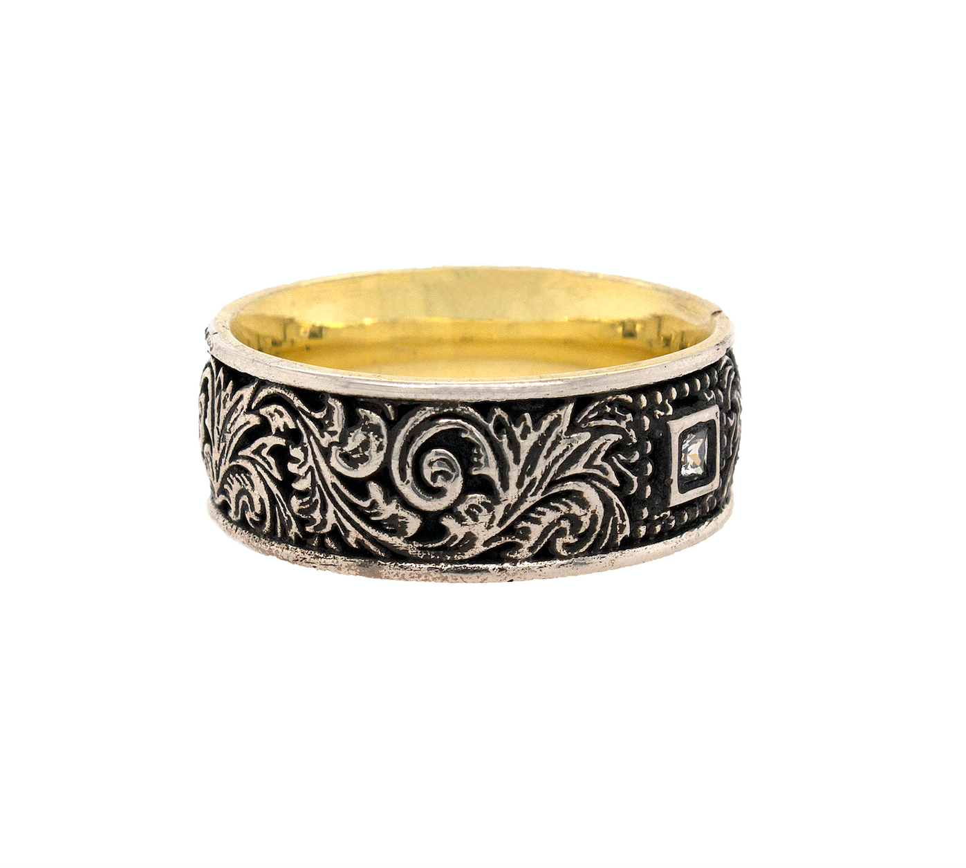 ring, ring on white background, mens rings, women's rings, yellow gold plated ring, oxidized silver ring, diamond ring, square shaped diamond, victorian ring, victorian style engraving, mens rings, women's rings, unique rings, custom ring