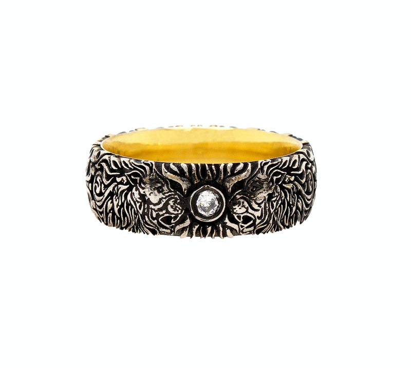ring, ring on white background, mens rings, women's rings, ring with yellow gold plated interior, engraved ring, ring with lion heads, diamond ring, silver ring, sterling silver ring, medieval ring
