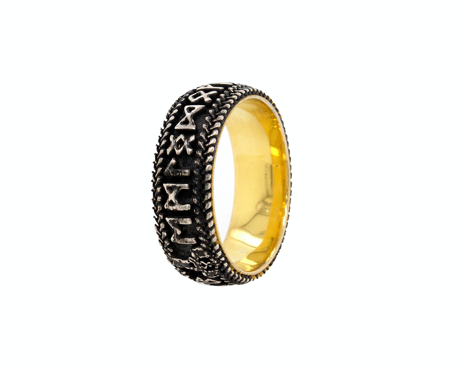 ring, ring on white background, mens ring, women's ring, silver ring, sterling silver ring, oxidized ring, yellow gold plated ring, runes ring, runic ring, custom ring, personalized ring, ring with engraving