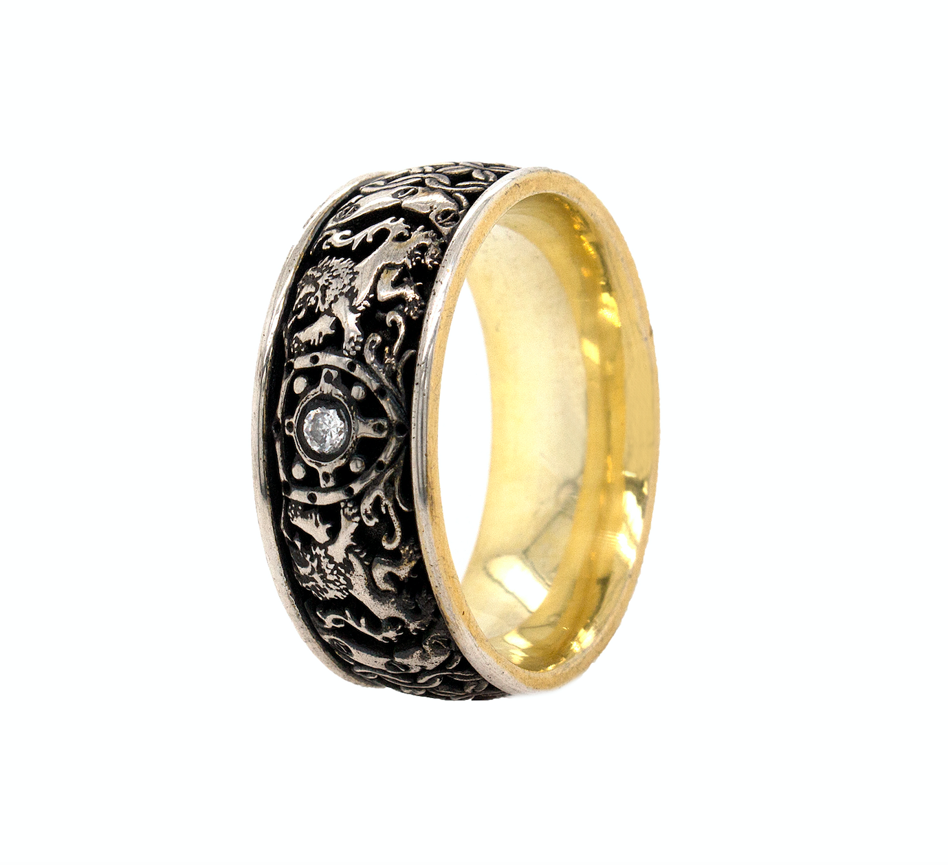ring, ring on white background, silver ring, sterling silver ring, yellow gold plated ring, engraved ring, custom ring, medieval ring, yellow gold plated ring, diamond ring, shield, lions, mens ring, women's ring