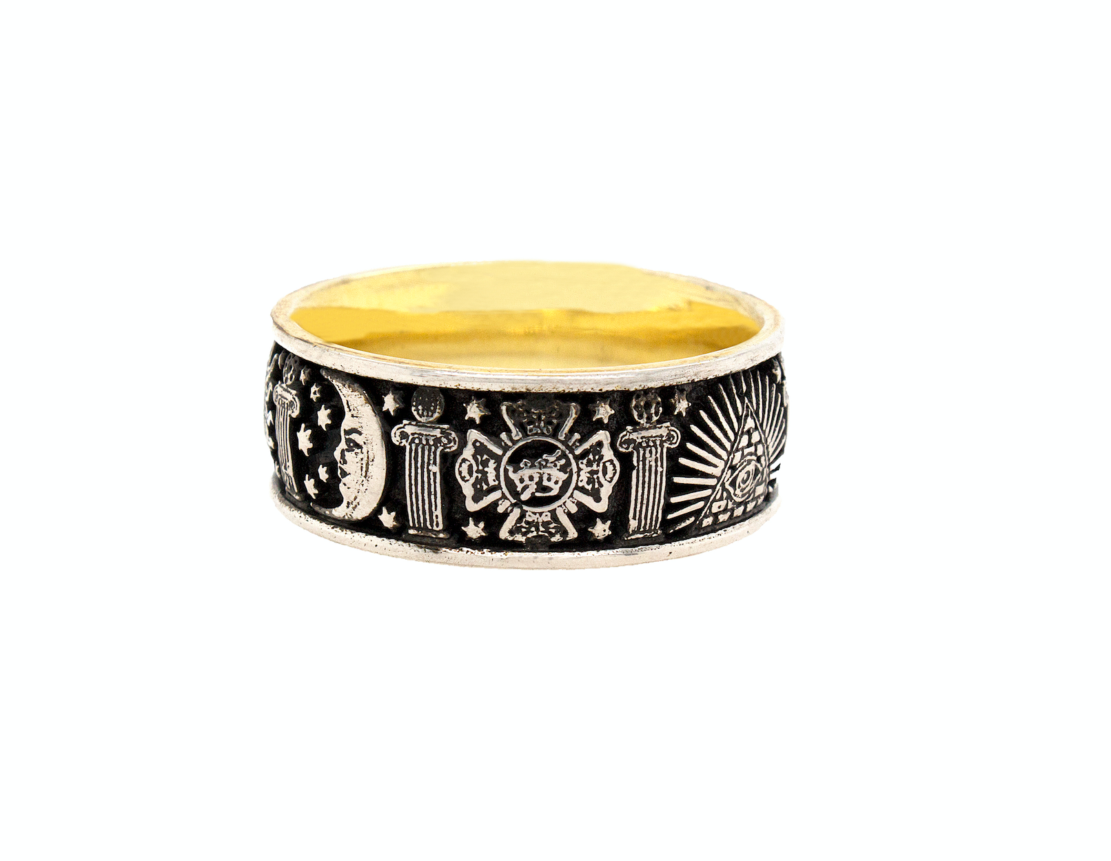 ring, ring on white background, silver ring, sterling silver ring, mens ring, women's ring, yellow gold plated ring, oxidized silver ring, masonic ring, mason symbols, mens mason ring, fashion ring