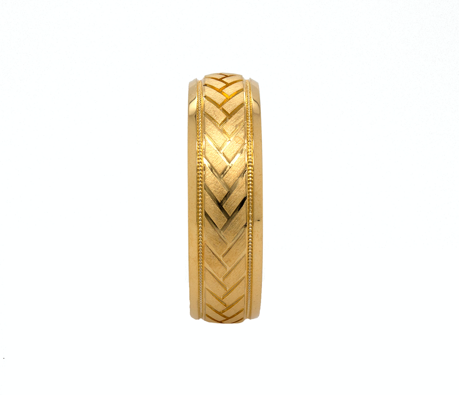 yellow gold ring, mens ring, womens ring, solid gold ring, 8mm ring, dome shaped ring, migrain, engraving, arrow pattern engraving, wedding band, mens wedding band, womens wedding band, ring